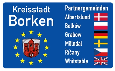Ortseingangsschild mit den Borkener Partnerstädten