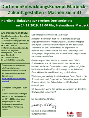 Einladung zur zweiten Dorfwerkstatt in Marbeck für das Dorfinnenentwicklungskonzept „Zukunft gestalten“