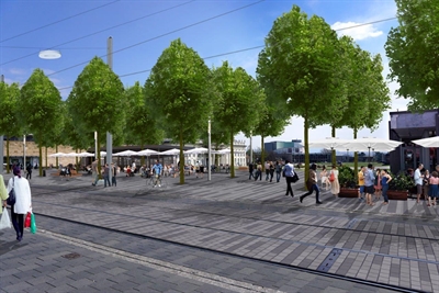 Visualisierung des künftigen Lindenhains auf dem Friedrichsplatz.