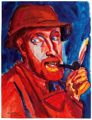 Peter August Böckstiegel | Selbstbildnis, um 1924 | Aquarell auf festem Büttenpapier, 71 x 54 cm | Peter-August-Böckstiegel-Stiftung, Werther (Westf.) | Foto: Ingo Bustorf, Bielefeld | © VG Bild-Kunst, Bonn 2021