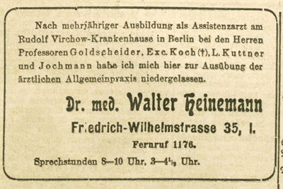 Inserat von Walter Heinemann zur Eröffnung seiner Praxis 1912 