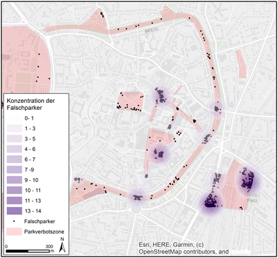 Visualisierung stark frequentierter Bereiche, in denen E-Roller abgestellt werden.