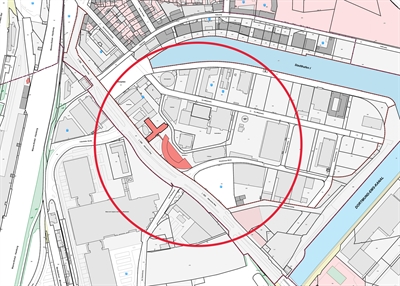 Möglicher Evakuierungsbereich im 250-Meter-Radius um den Verdachtspunkt am Mittelhafen. 